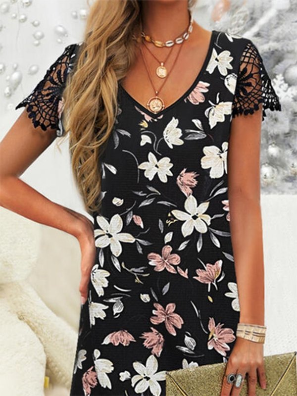 Casual V Neck Floral-Print Dresses - Mini Dresses - INS | Online Fashion Free Shipping Clothing, Dresses, Tops, Shoes - 17/06/2021 - 20-30 - color-black