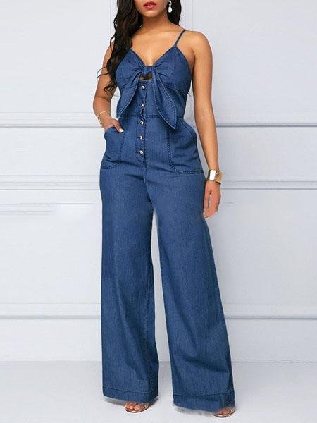 Casual V-neck Knotted Wide-leg Denim Jumpsuit - Jumpsuit & Rompers - INS | Online Fashion Free Shipping Clothing, Dresses, Tops, Shoes - 15/07/2021 - 40-50 - Bottoms