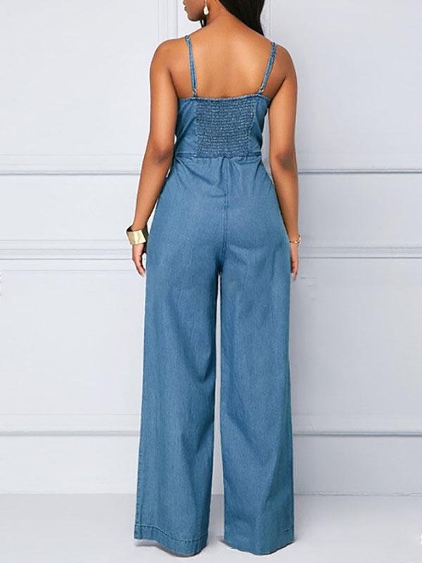 Casual V-neck Knotted Wide-leg Denim Jumpsuit - Jumpsuit & Rompers - INS | Online Fashion Free Shipping Clothing, Dresses, Tops, Shoes - 15/07/2021 - 40-50 - Bottoms