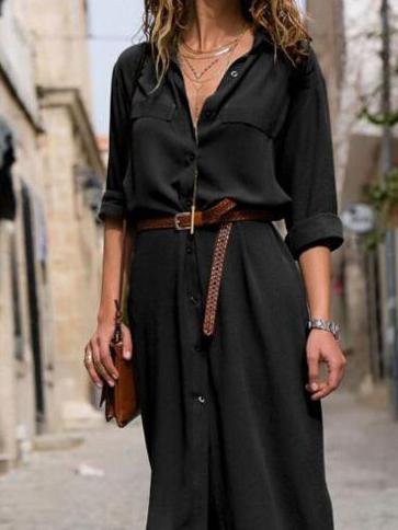 Casual V-neck Long-sleeved Button Shirt Dress - Maxi Dresses - INS | Online Fashion Free Shipping Clothing, Dresses, Tops, Shoes - 01/06/2021 - Color_Black - Color_Blue