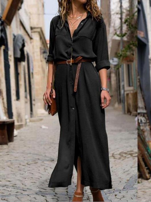 Casual V-neck Long-sleeved Button Shirt Dress - Maxi Dresses - INS | Online Fashion Free Shipping Clothing, Dresses, Tops, Shoes - 01/06/2021 - Color_Black - Color_Blue