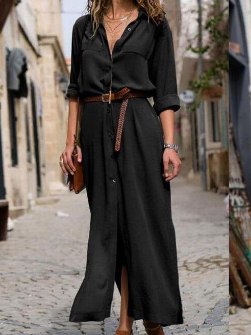 Casual V-neck Long-sleeved Button Shirt Dress - Maxi Dresses - INS | Online Fashion Free Shipping Clothing, Dresses, Tops, Shoes - 01/06/2021 - Color_Black - Color_Blue