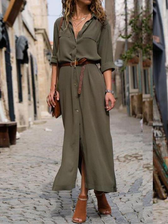 Casual V-neck Long-sleeved Button Shirt Dress - Maxi Dresses - INS | Online Fashion Free Shipping Clothing, Dresses, Tops, Shoes - 01/06/2021 - Color_Black - Color_Blue