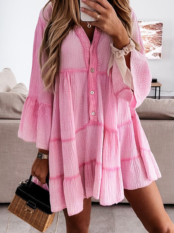 Casual V-neck Long-sleeved Ruffle Dress - Mini Dresses - INS | Online Fashion Free Shipping Clothing, Dresses, Tops, Shoes - 16/06/2021 - 30-40 - color-apricot
