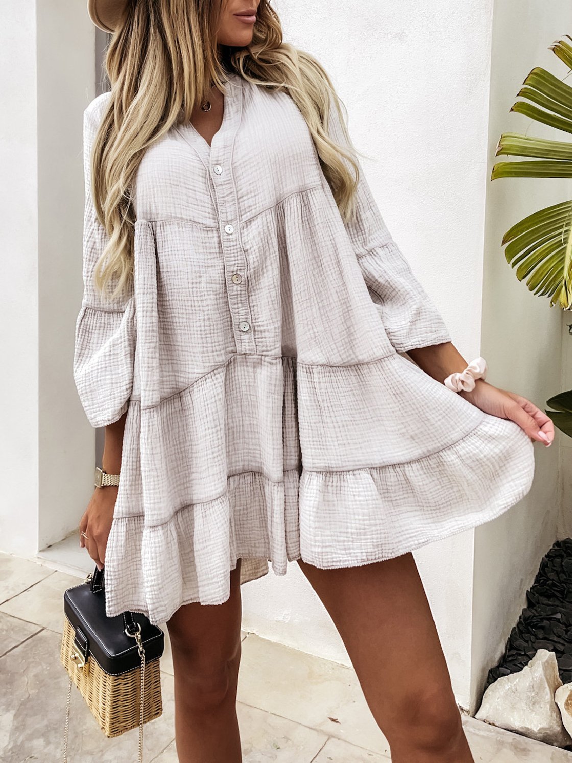 Casual V-neck Long-sleeved Ruffle Dress - Mini Dresses - INS | Online Fashion Free Shipping Clothing, Dresses, Tops, Shoes - 16/06/2021 - 30-40 - color-apricot