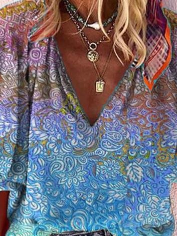 Casual V-neck Multicolor Printed Blouse - Blouses - INS | Online Fashion Free Shipping Clothing, Dresses, Tops, Shoes - 02/06/2021 - BLO210602304 - Blouses
