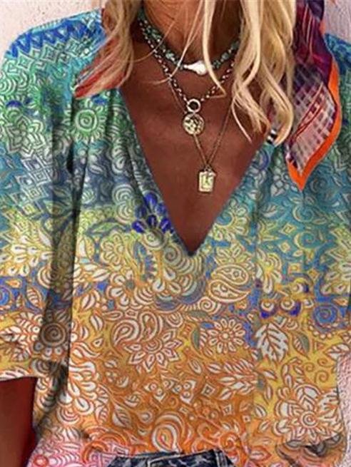 Casual V-neck Multicolor Printed Blouse - Blouses - INS | Online Fashion Free Shipping Clothing, Dresses, Tops, Shoes - 02/06/2021 - BLO210602304 - Blouses