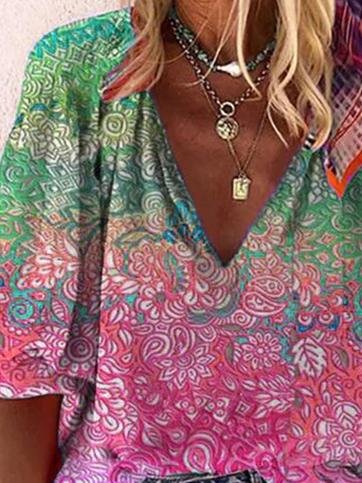 Casual V-neck Multicolor Printed Blouse - Blouses - INS | Online Fashion Free Shipping Clothing, Dresses, Tops, Shoes - 02/06/2021 - BLO210602304 - Blouses