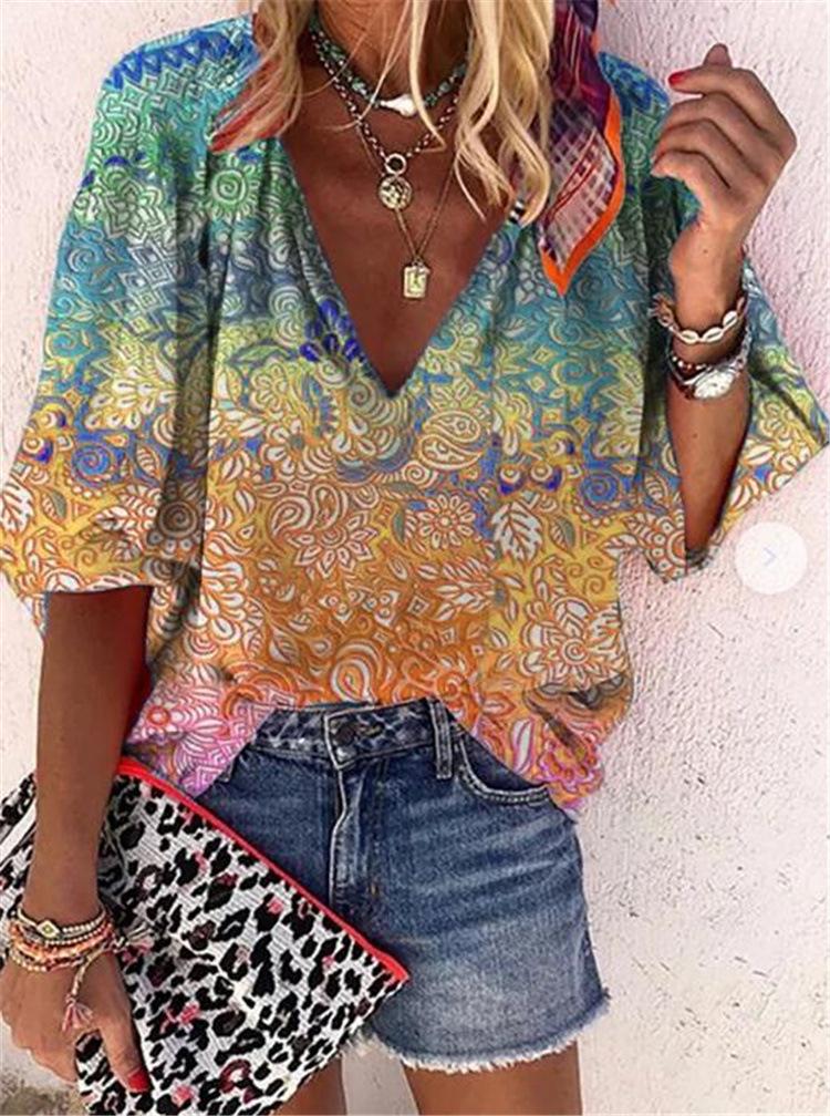 Casual V-neck Multicolor Printed Blouse - Blouses - INS | Online Fashion Free Shipping Clothing, Dresses, Tops, Shoes - 02/06/2021 - BLO210602304 - Blouses