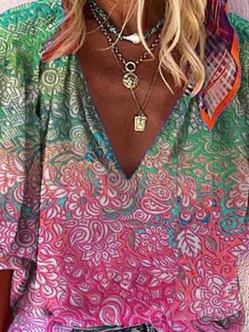 Casual V-neck Multicolor Printed Blouse - Blouses - INS | Online Fashion Free Shipping Clothing, Dresses, Tops, Shoes - 02/06/2021 - BLO210602304 - Blouses
