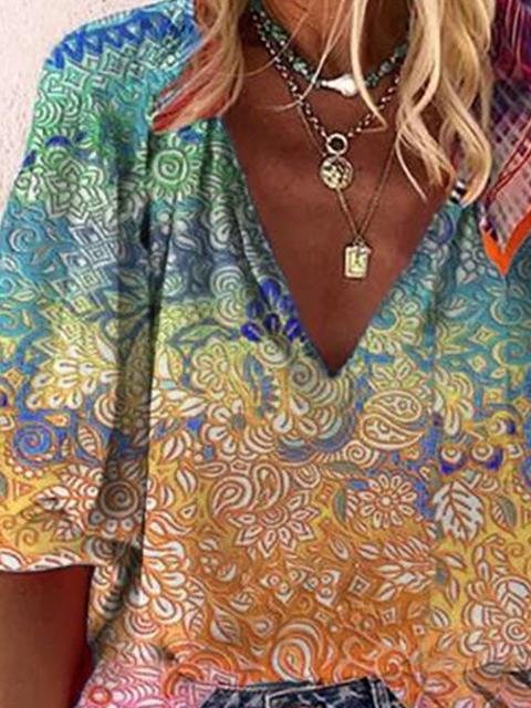 Casual V-neck Multicolor Printed Blouse - Blouses - INS | Online Fashion Free Shipping Clothing, Dresses, Tops, Shoes - 02/06/2021 - BLO210602304 - Blouses