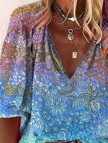 Casual V-neck Multicolor Printed Blouse - Blouses - INS | Online Fashion Free Shipping Clothing, Dresses, Tops, Shoes - 02/06/2021 - BLO210602304 - Blouses
