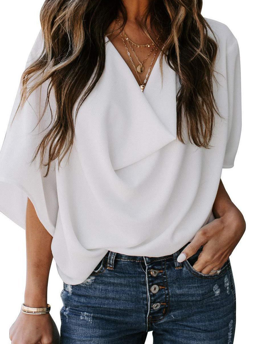 Casual V-neck Pleated Chiffon Shirt - Blouses - INS | Online Fashion Free Shipping Clothing, Dresses, Tops, Shoes - 08/06/2021 - BLO2106080052 - Blouses