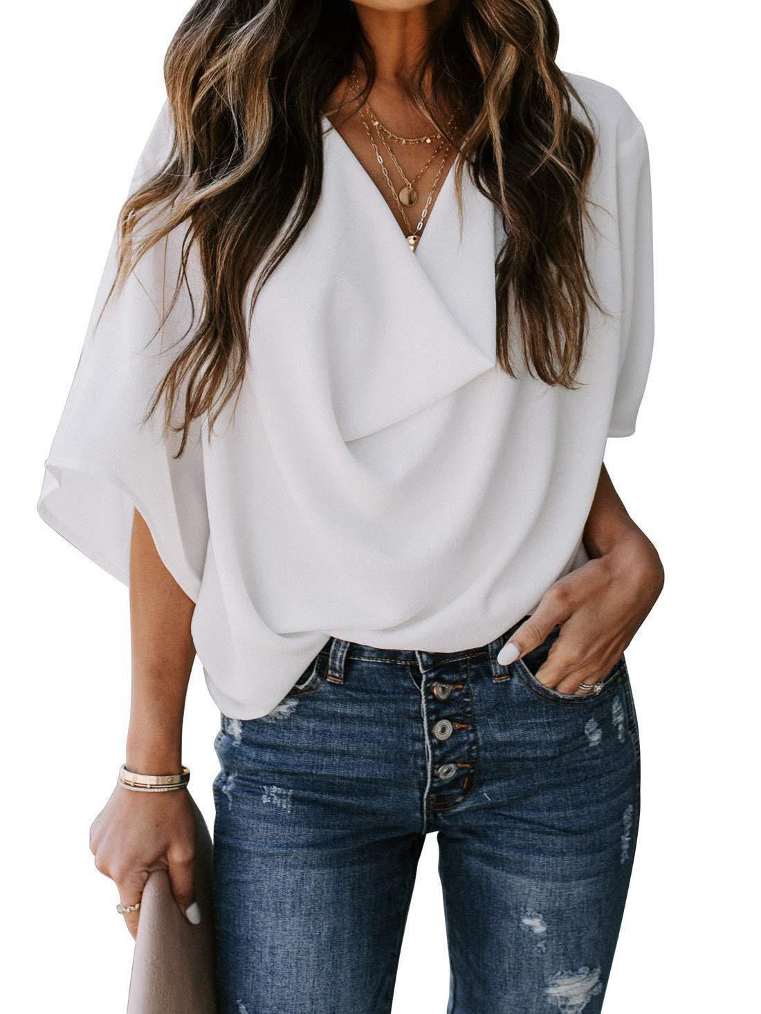 Casual V-neck Pleated Chiffon Shirt - Blouses - INS | Online Fashion Free Shipping Clothing, Dresses, Tops, Shoes - 08/06/2021 - BLO2106080052 - Blouses