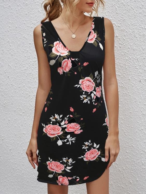 Casual V-neck Sleeveless Printed Dress - Mini Dresses - INS | Online Fashion Free Shipping Clothing, Dresses, Tops, Shoes - 10-20 - 19/06/2021 - color-black