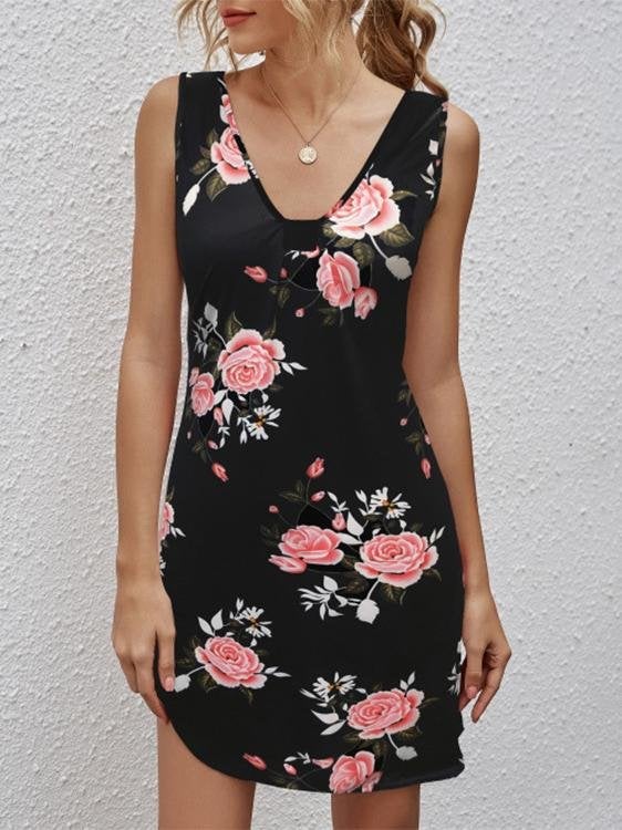 Casual V-neck Sleeveless Printed Dress - Mini Dresses - INS | Online Fashion Free Shipping Clothing, Dresses, Tops, Shoes - 10-20 - 19/06/2021 - color-black