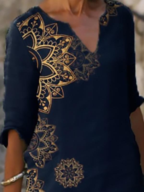 Casual V-neck Vintage Print Midi Shirt Dress - Mini Dresses - INS | Online Fashion Free Shipping Clothing, Dresses, Tops, Shoes - 19/07/2021 - 20-30 - color-black