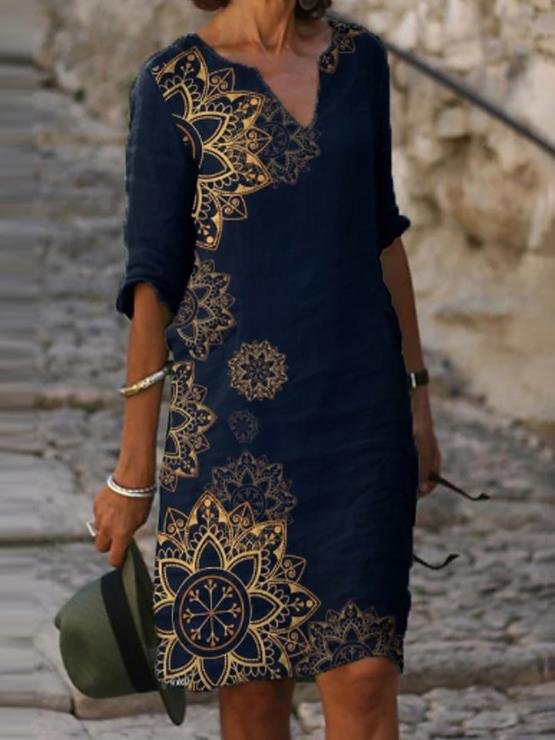 Casual V-neck Vintage Print Midi Shirt Dress - Mini Dresses - INS | Online Fashion Free Shipping Clothing, Dresses, Tops, Shoes - 19/07/2021 - 20-30 - color-black