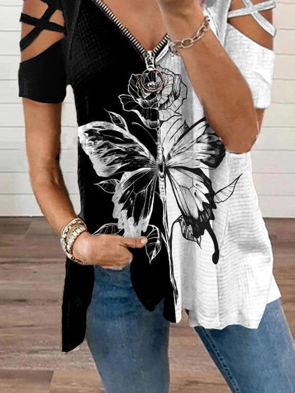 Casual Zipper V-neck Pullover T-shirt - T-shirts - INS | Online Fashion Free Shipping Clothing, Dresses, Tops, Shoes - 17/06/2021 - 20-30 - color-feather-white