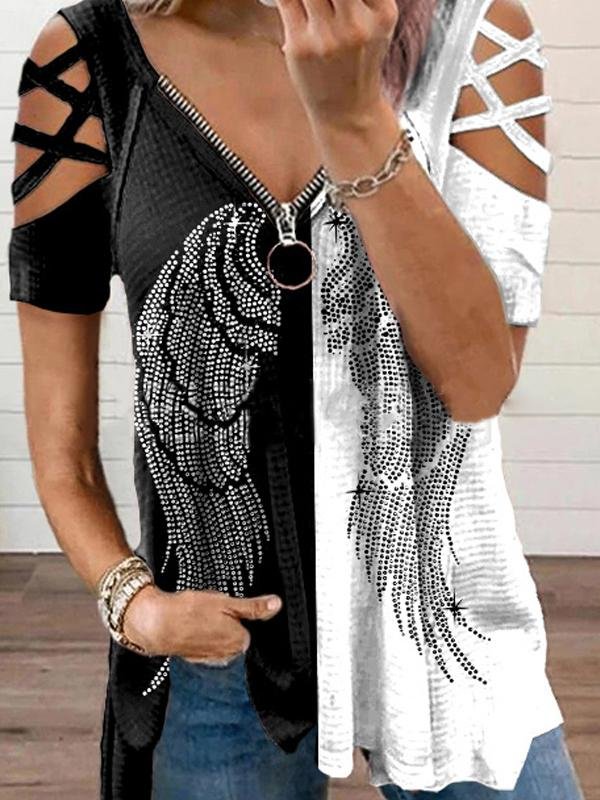 Casual Zipper V-neck Pullover T-shirt - T-shirts - INS | Online Fashion Free Shipping Clothing, Dresses, Tops, Shoes - 17/06/2021 - 20-30 - color-feather-white