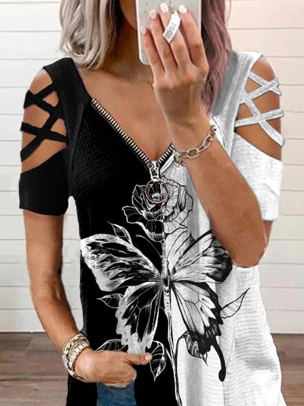 Casual Zipper V-neck Pullover T-shirt - T-shirts - INS | Online Fashion Free Shipping Clothing, Dresses, Tops, Shoes - 17/06/2021 - 20-30 - color-feather-white