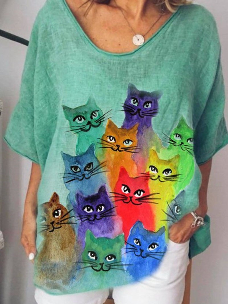 Cat Print Casual Loose V-neck Short Sleeve T-shirt - T-Shirts - INS | Online Fashion Free Shipping Clothing, Dresses, Tops, Shoes - 03/06/2021 - Category_T-Shirts - Color_Gray