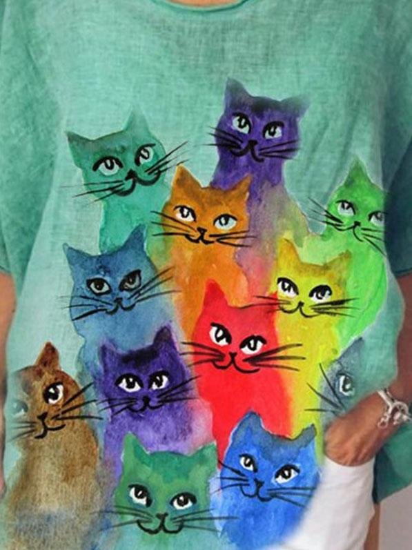 Cat Print Casual Loose V-neck Short Sleeve T-shirt - T-Shirts - INS | Online Fashion Free Shipping Clothing, Dresses, Tops, Shoes - 03/06/2021 - Category_T-Shirts - Color_Gray