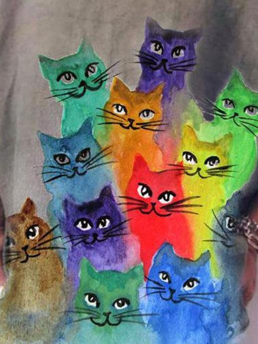 Cat Print Casual Loose V-neck Short Sleeve T-shirt - T-Shirts - INS | Online Fashion Free Shipping Clothing, Dresses, Tops, Shoes - 03/06/2021 - Category_T-Shirts - Color_Gray