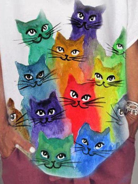 Cat Print Casual Loose V-neck Short Sleeve T-shirt - T-Shirts - INS | Online Fashion Free Shipping Clothing, Dresses, Tops, Shoes - 03/06/2021 - Category_T-Shirts - Color_Gray