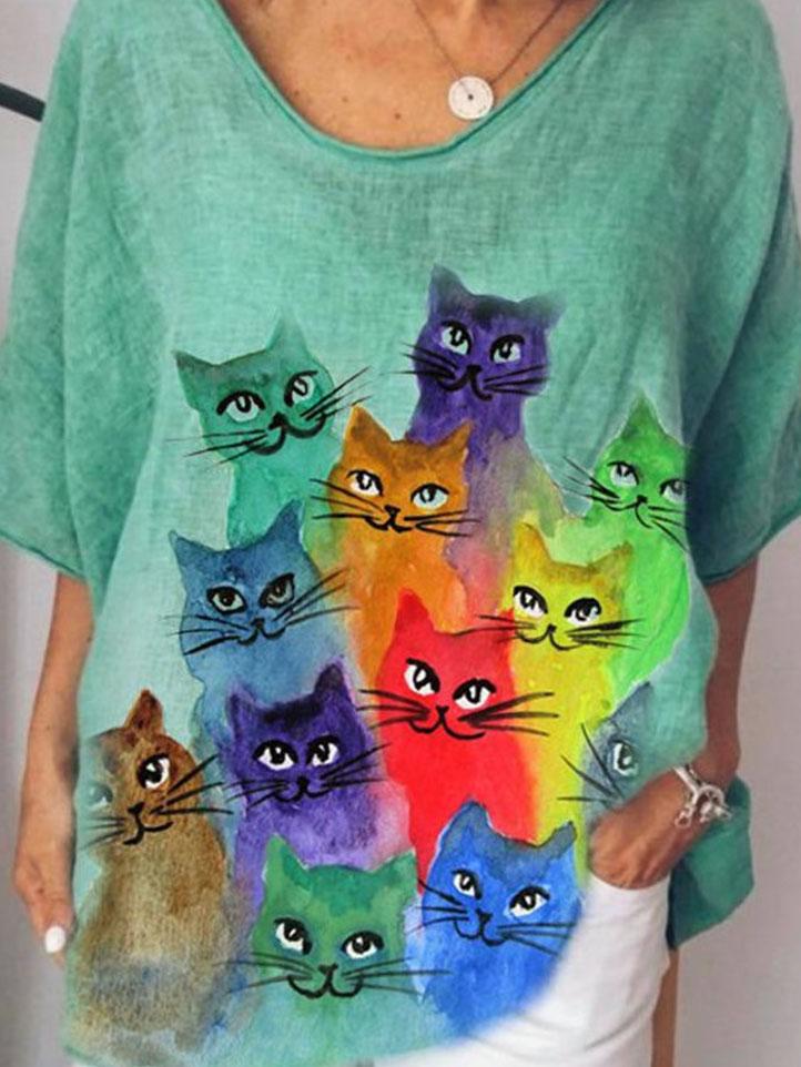 Cat Print Casual Loose V-neck Short Sleeve T-shirt - T-Shirts - INS | Online Fashion Free Shipping Clothing, Dresses, Tops, Shoes - 03/06/2021 - Category_T-Shirts - Color_Gray