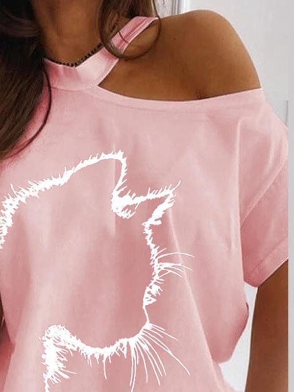 Cat Print Off The Shoulder Casual T-shirt - T-Shirts - INS | Online Fashion Free Shipping Clothing, Dresses, Tops, Shoes - 24/05/2021 - Category_T-Shirts - Color_Black