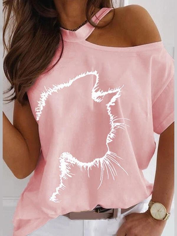 Cat Print Off The Shoulder Casual T-shirt - T-Shirts - INS | Online Fashion Free Shipping Clothing, Dresses, Tops, Shoes - 24/05/2021 - Category_T-Shirts - Color_Black