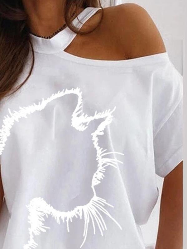Cat Print Off The Shoulder Casual T-shirt - T-Shirts - INS | Online Fashion Free Shipping Clothing, Dresses, Tops, Shoes - 24/05/2021 - Category_T-Shirts - Color_Black