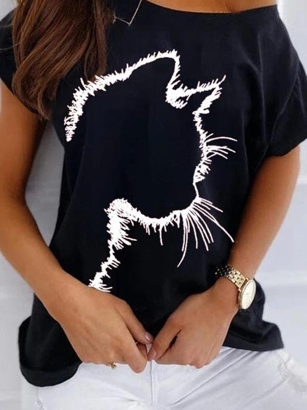 Cat Print Off The Shoulder Casual T-shirt - T-Shirts - INS | Online Fashion Free Shipping Clothing, Dresses, Tops, Shoes - 24/05/2021 - Category_T-Shirts - Color_Black
