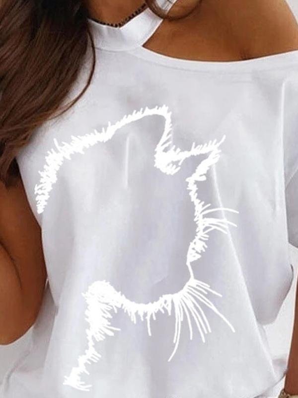 Cat Print Off The Shoulder Casual T-shirt - T-Shirts - INS | Online Fashion Free Shipping Clothing, Dresses, Tops, Shoes - 24/05/2021 - Category_T-Shirts - Color_Black