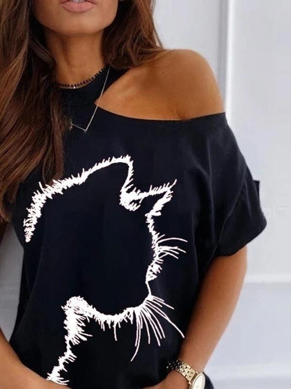 Cat Print Off The Shoulder Casual T-shirt - T-Shirts - INS | Online Fashion Free Shipping Clothing, Dresses, Tops, Shoes - 24/05/2021 - Category_T-Shirts - Color_Black