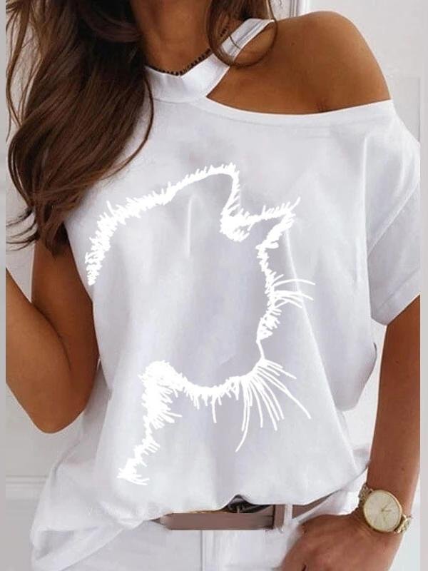 Cat Print Off The Shoulder Casual T-shirt - T-Shirts - INS | Online Fashion Free Shipping Clothing, Dresses, Tops, Shoes - 24/05/2021 - Category_T-Shirts - Color_Black