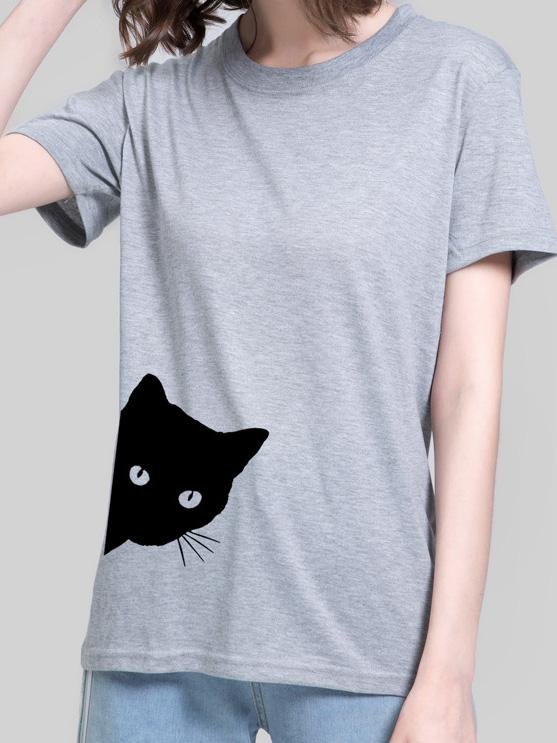 Cat Print Round Neck Slim Short Sleeve T-Shirt - T-Shirts - INS | Online Fashion Free Shipping Clothing, Dresses, Tops, Shoes - 19/07/2021 - Category_T-Shirts - color-black