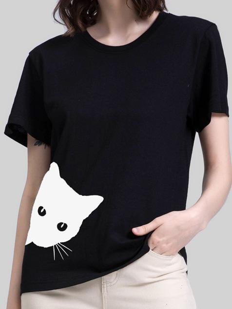 Cat Print Round Neck Slim Short Sleeve T-Shirt - T-Shirts - INS | Online Fashion Free Shipping Clothing, Dresses, Tops, Shoes - 19/07/2021 - Category_T-Shirts - color-black