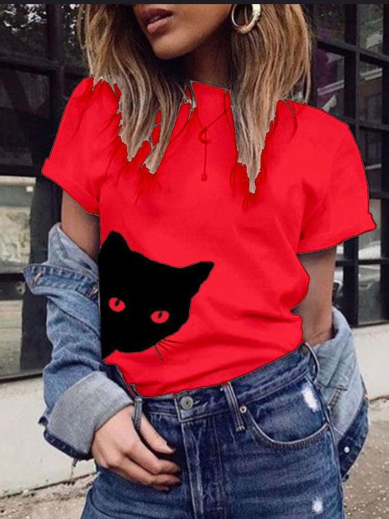 Cat Print Round Neck Slim Short Sleeve T-Shirt - T-Shirts - INS | Online Fashion Free Shipping Clothing, Dresses, Tops, Shoes - 19/07/2021 - Category_T-Shirts - color-black