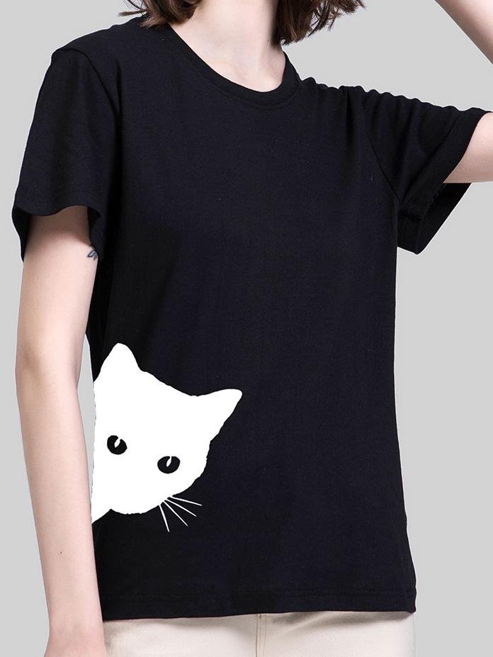 Cat Print Round Neck Slim Short Sleeve T-Shirt - T-Shirts - INS | Online Fashion Free Shipping Clothing, Dresses, Tops, Shoes - 19/07/2021 - Category_T-Shirts - color-black
