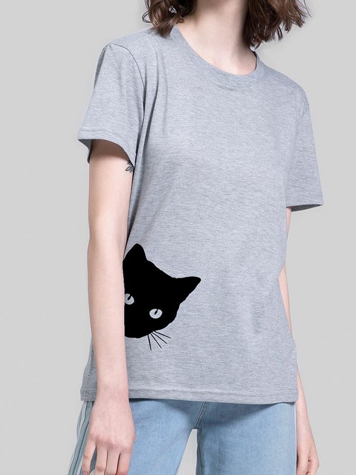 Cat Print Round Neck Slim Short Sleeve T-Shirt - T-Shirts - INS | Online Fashion Free Shipping Clothing, Dresses, Tops, Shoes - 19/07/2021 - Category_T-Shirts - color-black