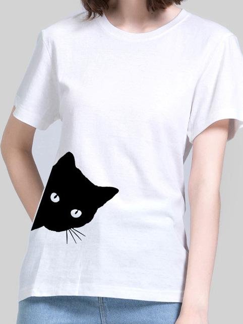 Cat Print Round Neck Slim Short Sleeve T-Shirt - T-Shirts - INS | Online Fashion Free Shipping Clothing, Dresses, Tops, Shoes - 19/07/2021 - Category_T-Shirts - color-black