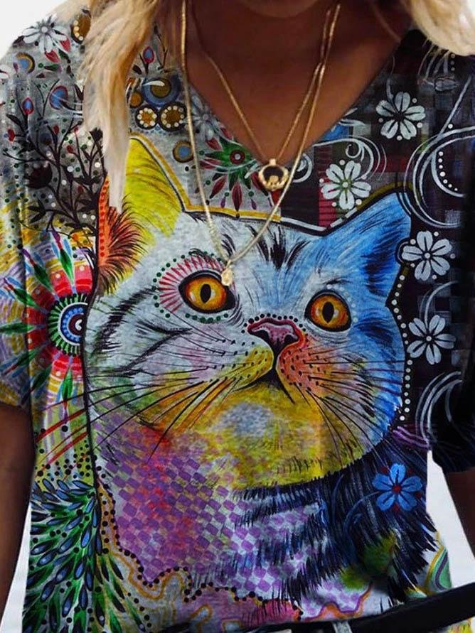 Cat Printed V-neck T-shirt - T-shirts - INS | Online Fashion Free Shipping Clothing, Dresses, Tops, Shoes - 08/06/2021 - Color_Black - Color_Yellow