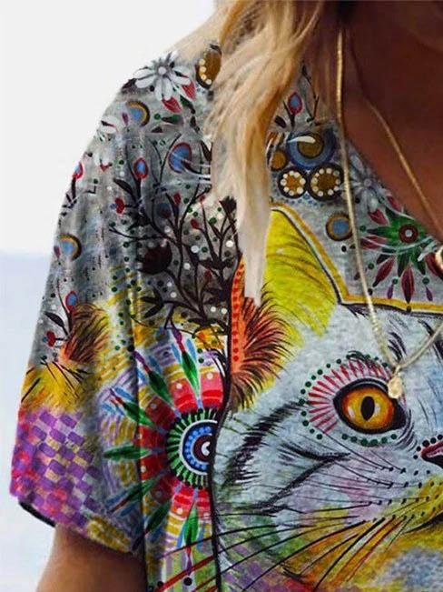 Cat Printed V-neck T-shirt - T-shirts - INS | Online Fashion Free Shipping Clothing, Dresses, Tops, Shoes - 08/06/2021 - Color_Black - Color_Yellow