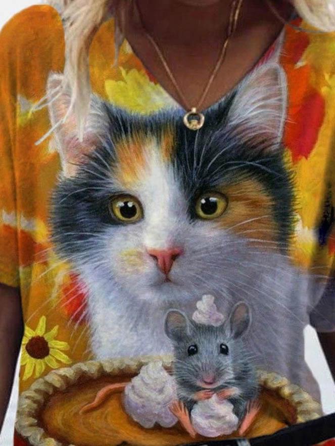 Cat Printed V-neck T-shirt - T-shirts - INS | Online Fashion Free Shipping Clothing, Dresses, Tops, Shoes - 08/06/2021 - Color_Black - Color_Yellow