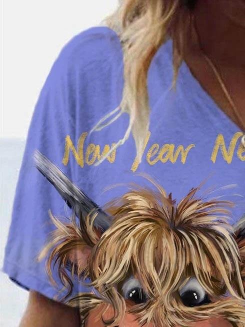 Cattle Printed V-neck T-shirt - T-shirts - INS | Online Fashion Free Shipping Clothing, Dresses, Tops, Shoes - 08/06/2021 - Color_Purple - Size_2XL