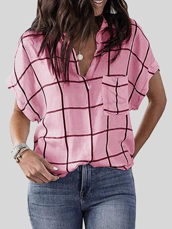 Check Print Pocket V-Neck Short Sleeve Blouses - Blouses - INS | Online Fashion Free Shipping Clothing, Dresses, Tops, Shoes - 10-20 - 19/06/2021 - BLO2106190130