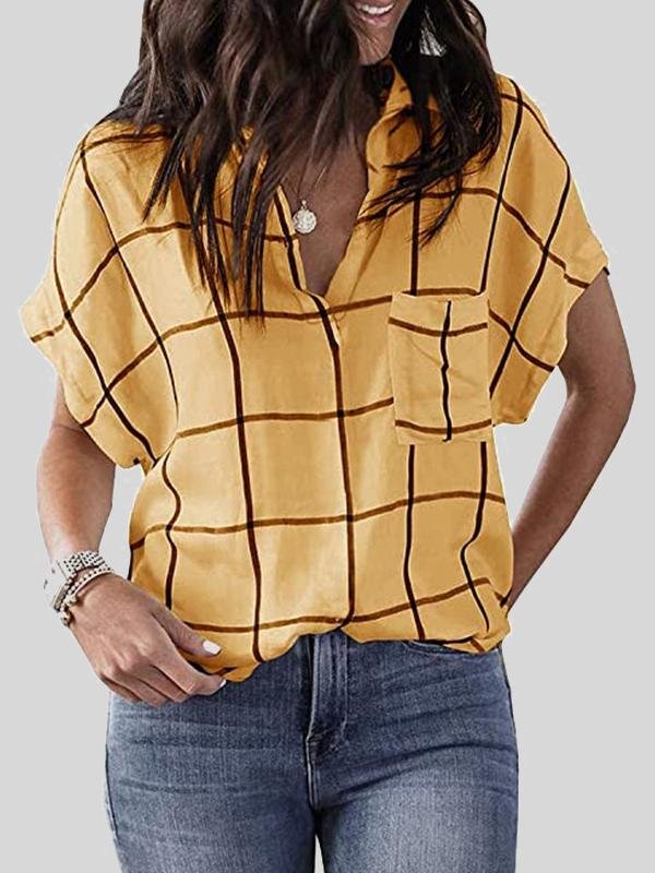 Check Print Pocket V-Neck Short Sleeve Blouses - Blouses - INS | Online Fashion Free Shipping Clothing, Dresses, Tops, Shoes - 10-20 - 19/06/2021 - BLO2106190130