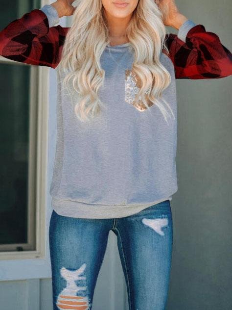 Check Sleeve Stitching Sequin Pocket T-shirt - T-shirts - INS | Online Fashion Free Shipping Clothing, Dresses, Tops, Shoes - 20-30 - 21/07/2021 - color-gray